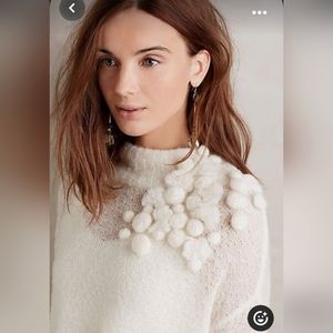 NWT Rare Anthropologie Sleeping on Snow Cropped Wool Ivory Pom Pom Sweater